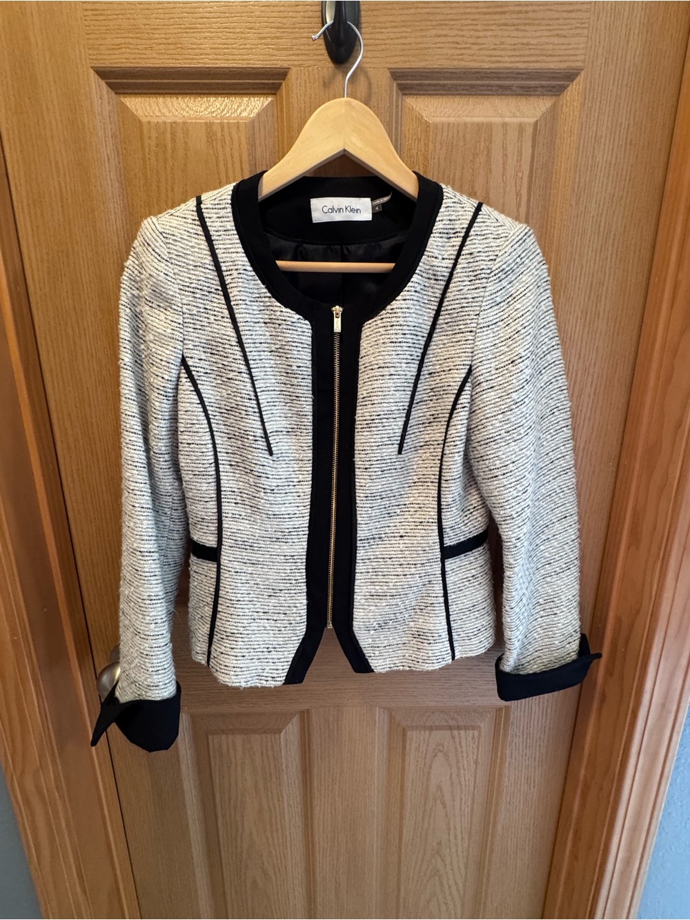 Calvin Klein Ivory Tweed Jacket with Black Trim